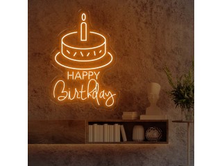 Light Up the Birthday Fun: "Happy Birthday with Cake" Neon Sign!